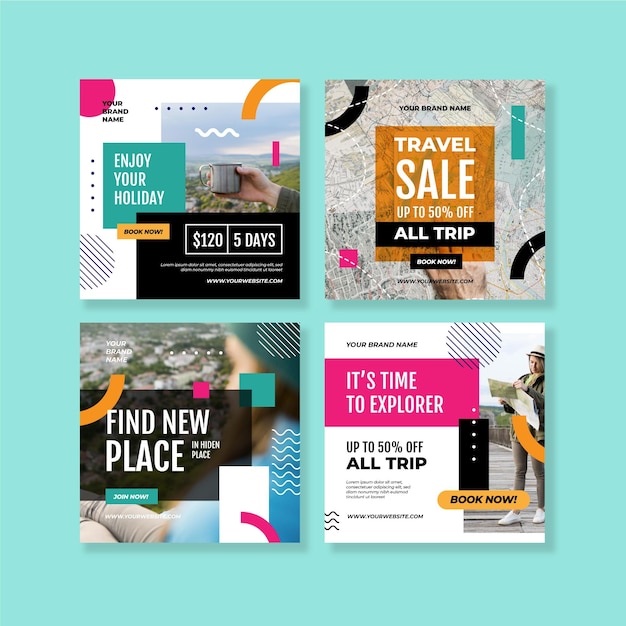 Vector gratuito colección de publicaciones de instagram de viajes de diseño plano