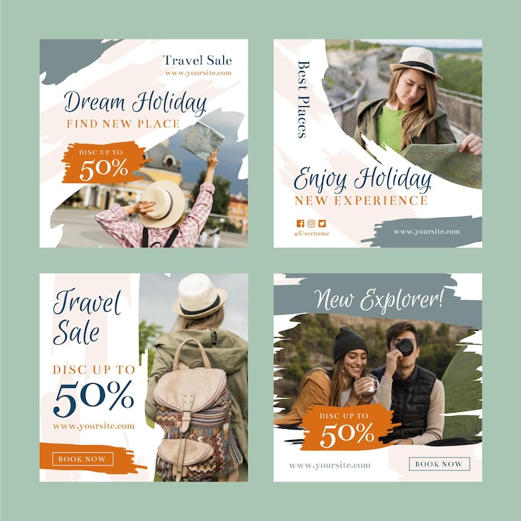 Vector gratuito colección de publicaciones de instagram de viajes con pinceladas
