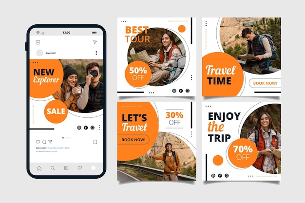 Vector gratuito colección de publicaciones de instagram de viajes planos