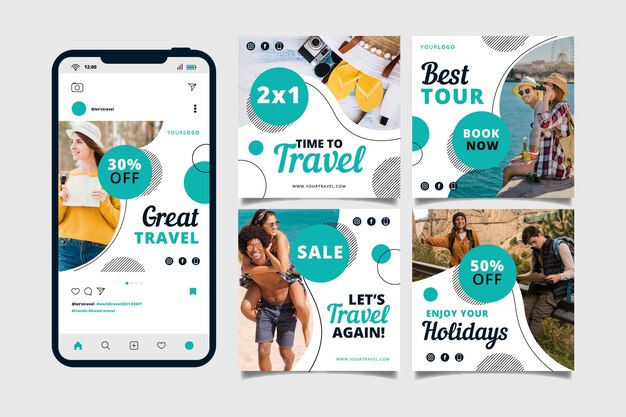 Colección de publicaciones de instagram de viajes planos