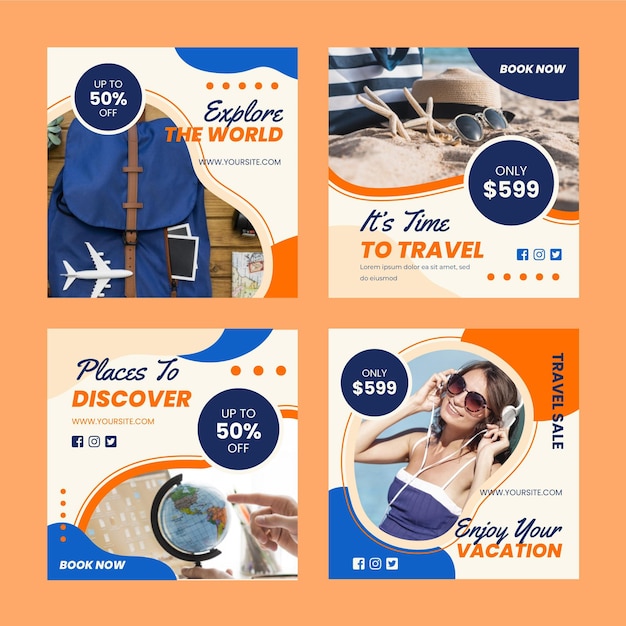 Vector gratuito colección de publicaciones de instagram de viajes planos