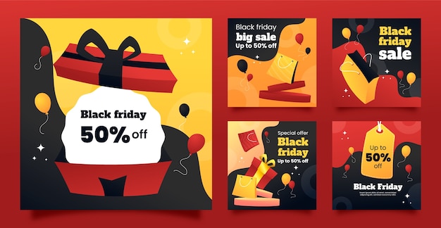 Vector gratuito colección de publicaciones de instagram de viernes negro degradado