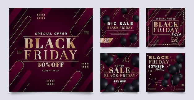 Vector gratuito colección de publicaciones de instagram de viernes negro degradado