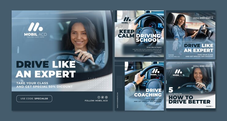 Vector gratuito colección de publicaciones planas de instagram para autoescuela
