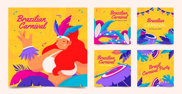 Vector gratuito colección de publicaciones planas en instagram para la celebración del carnaval brasileño