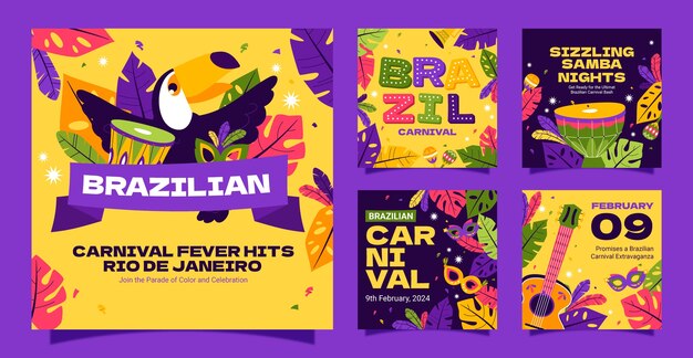 Colección de publicaciones planas en Instagram para la celebración del carnaval brasileño