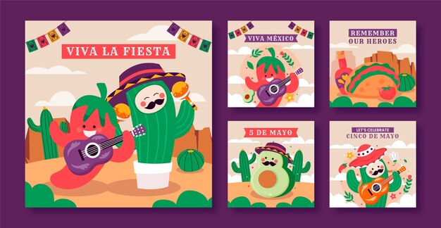 Vector gratuito colección de publicaciones planas en instagram para la celebración del cinco de mayo