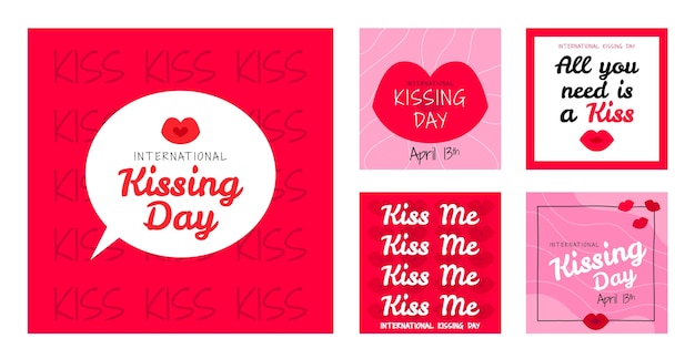 Vector gratuito colección de publicaciones planas en instagram para la celebración del día internacional del beso