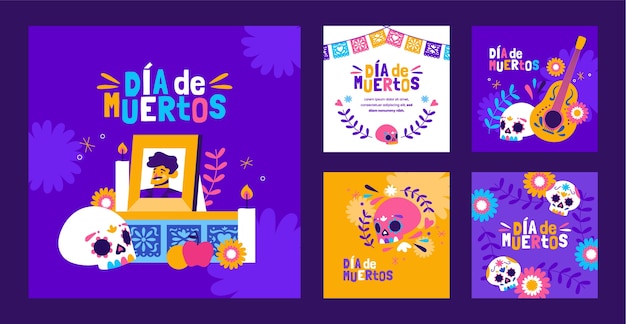 Colección de publicaciones planas de instagram celebración del dia de muertos