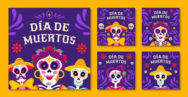 Colección de publicaciones planas de instagram celebración del dia de muertos