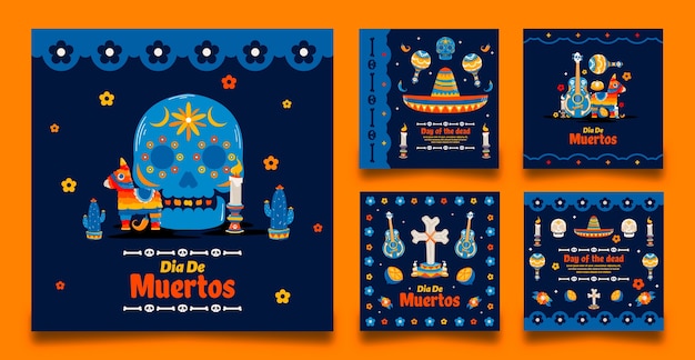 Colección de publicaciones planas de instagram celebración del dia de muertos