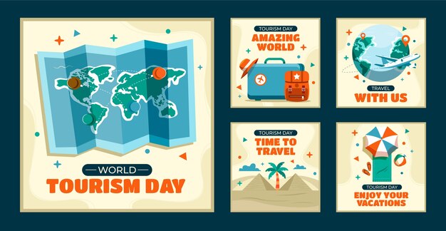 Colección de publicaciones planas en Instagram para la celebración del Día Mundial del Turismo