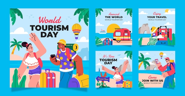 Colección de publicaciones planas en instagram para la celebración del día mundial del turismo