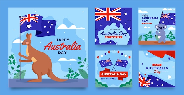 Vector gratuito colección de publicaciones planas en instagram para la celebración del día nacional australiano