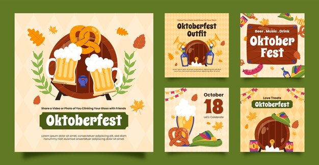 Colección de publicaciones planas en Instagram para la celebración del festival de cerveza Oktoberfest