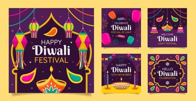 Colección de publicaciones planas de instagram para la celebración del festival de diwali
