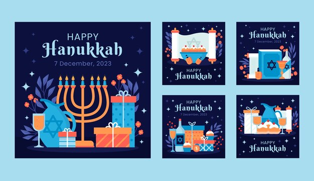 Colección de publicaciones planas de instagram para la celebración de hanukkah