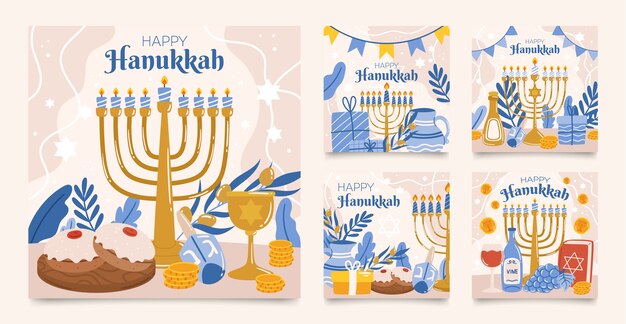 Vector gratuito colección de publicaciones planas de instagram para la celebración de hanukkah