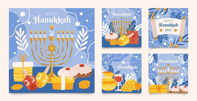 Colección de publicaciones planas de instagram para la celebración de hanukkah
