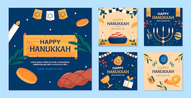 Vector gratuito colección de publicaciones planas de instagram para la celebración de hanukkah