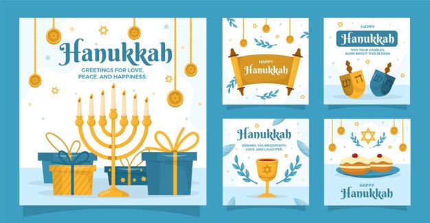 Colección de publicaciones planas de instagram para la celebración judía de hanukkah