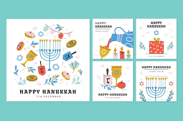 Vector gratuito colección de publicaciones planas de instagram para la celebración judía de hanukkah