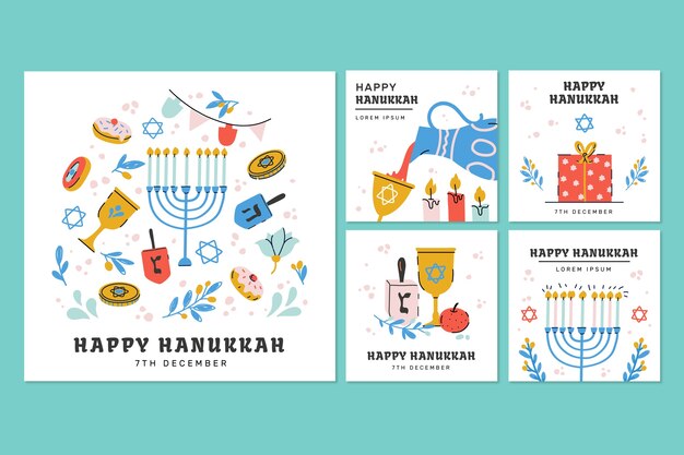 Colección de publicaciones planas de instagram para la celebración judía de hanukkah