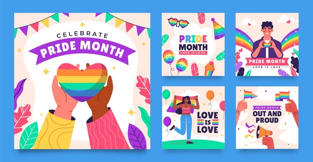 Colección de publicaciones planas en Instagram para la celebración del mes del orgullo LGBTQI