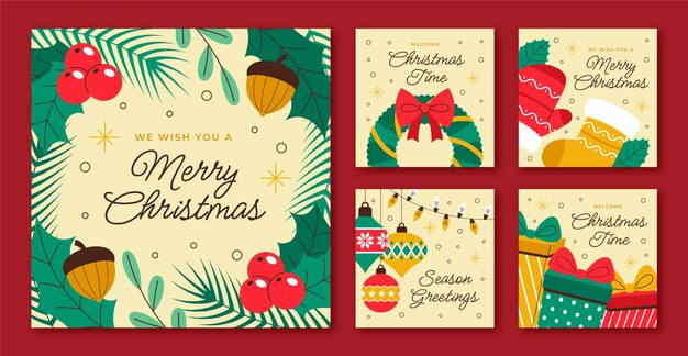 Colección de publicaciones planas de instagram para la celebración de la temporada navideña.