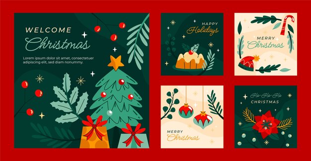 Colección de publicaciones planas de instagram para la celebración de la temporada navideña.