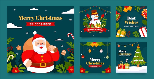Colección de publicaciones planas de instagram para la celebración de la temporada navideña.