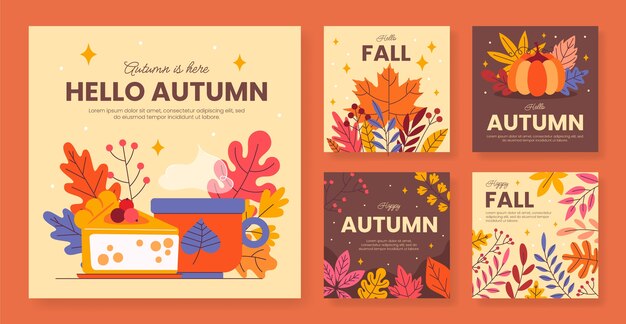 Colección de publicaciones planas de instagram para la celebración de la temporada de otoño.