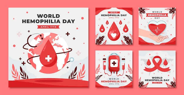 Colección de publicaciones planas en instagram para la concienciación del día mundial de la hemofilia