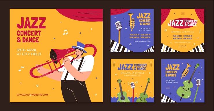 Vector gratuito colección de publicaciones planas en instagram para el día mundial del jazz