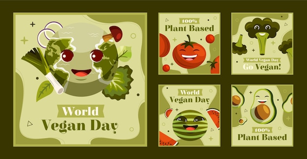 Vector gratuito colección de publicaciones planas de instagram para el evento del día mundial vegano