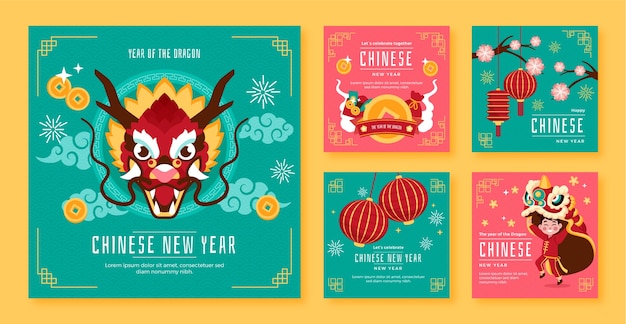 Vector gratuito colección de publicaciones planas de instagram para el festival del año nuevo chino