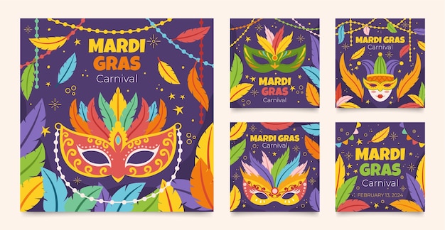 Vector gratuito colección de publicaciones planas de instagram para el festival de mardi gras