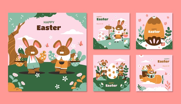 Vector gratuito colección de publicaciones planas de instagram para las vacaciones de pascua.