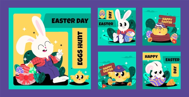 Vector gratuito colección de publicaciones planas de instagram para las vacaciones de pascua.