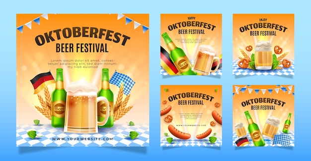 Colección de publicaciones realistas en Instagram para la celebración del festival de cerveza Oktoberfest