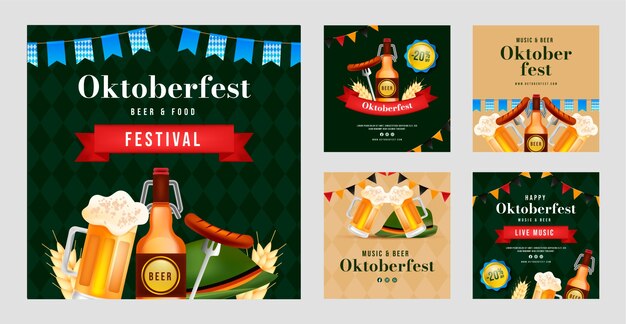Colección de publicaciones realistas en Instagram para la celebración del festival de cerveza Oktoberfest