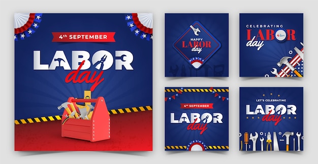 Vector gratuito colección de publicaciones realistas de instagram para nuestra celebración del día del trabajo