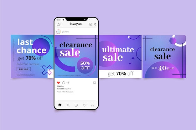 Vector gratuito colección de publicaciones de rebajas de instagram gradiente