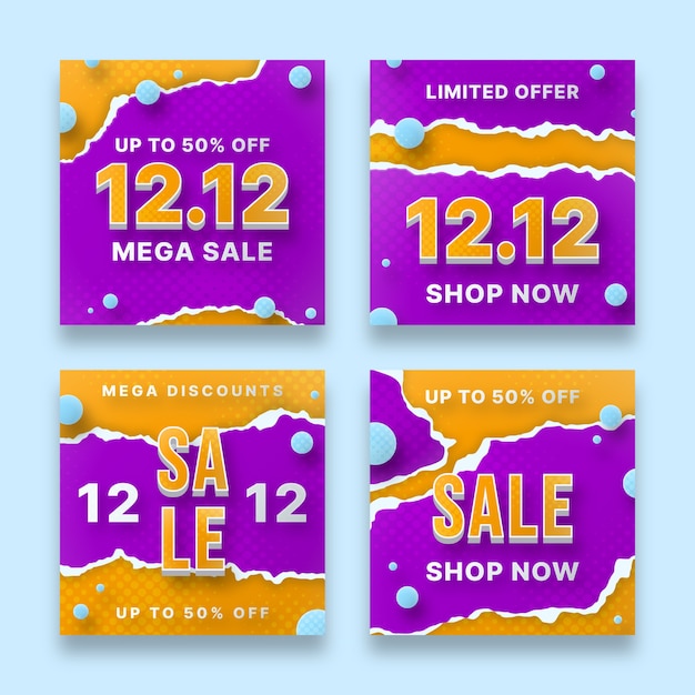 Vector gratuito colección de publicaciones de redes sociales de venta de estilo de papel 12.12