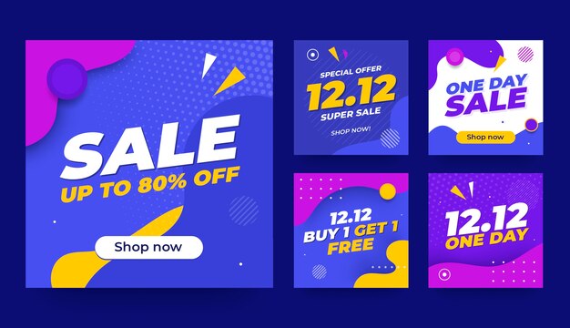 Colección de publicaciones de redes sociales de venta plana 12.12 dibujada a mano