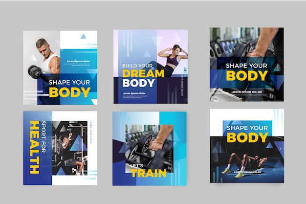 Vector gratuito colección de publicaciones de salud y fitness con degradado con foto