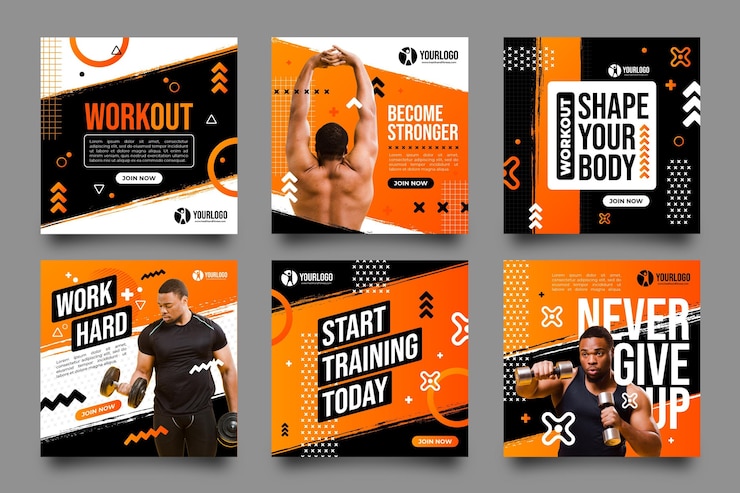 Vector gratuito colección de publicaciones de salud y fitness con degradado con foto