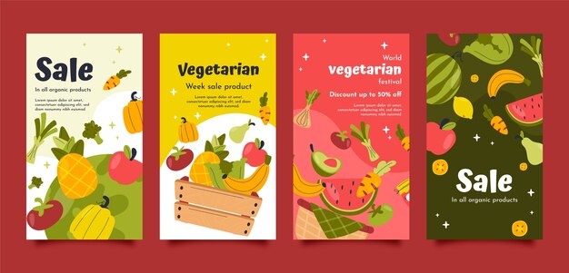 Colección de publicaciones de venta de instagram del día mundial vegetariano dibujadas a mano