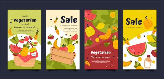 Colección de publicaciones de venta de instagram del día mundial vegetariano dibujadas a mano