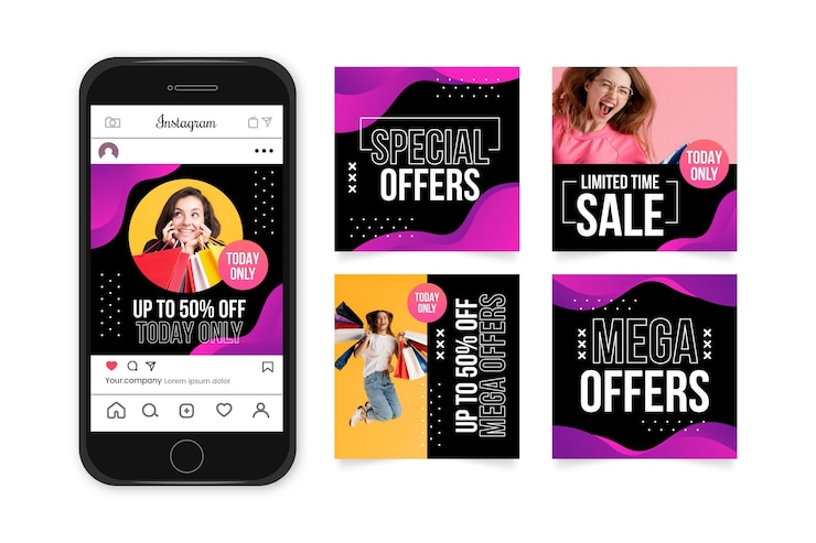 Vector gratuito colección de publicaciones de venta de instagram gradiente con foto